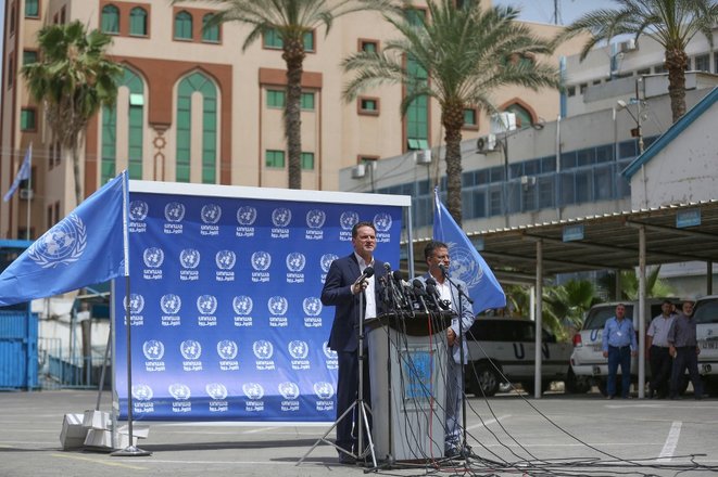 Au lendemain de son intervention devant les Nations unies, Pierre Krhenbl donne une confrence de persse dans la ville de Gaza.  Mustafa Hassona / Anadolu Agency via AFP